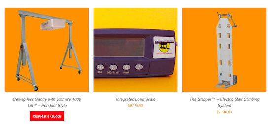 Three items for the Mortuary Lift store displayed side by side in front of an orange background