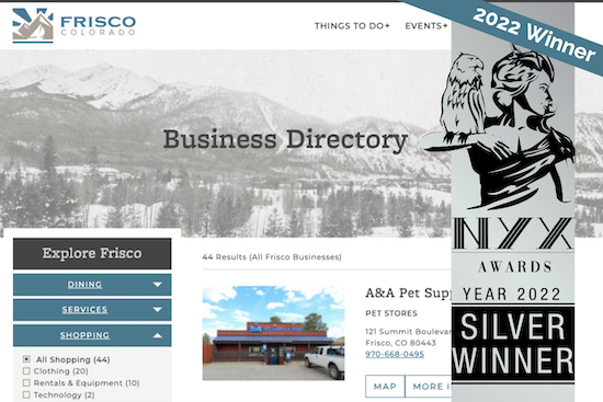 Screenshot of Town of Frisco's Business Directory homepage with the silver NYX Award logo overlaid on the right