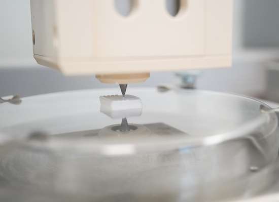 A 3D printer printing a piece of white bone.