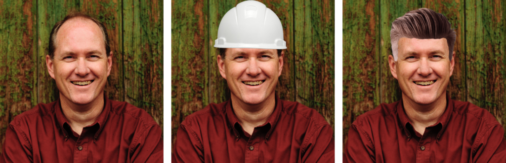 A series of three headshots of David showing the hair-renewal procession: Without hair, David wearing a white hard hat, and then David sporting a fresh head of hair (with a touch of gray)