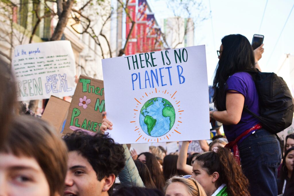 A large crowd of young people at a protest. One protest sign reads: There is no planet B.