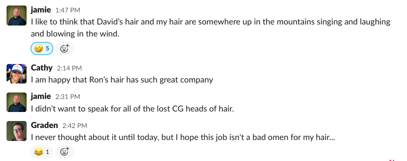 Humorous Slack conversation between various Geeks discussing hair (and hair loss).