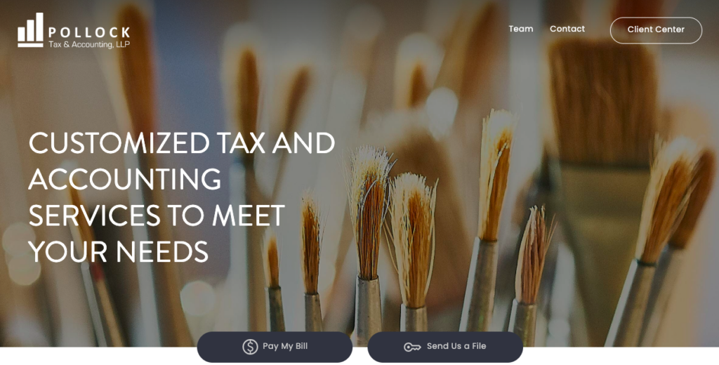Homepage header image for Pollock Tax & Accounting, featuring paintbrushes and the text "Customized tax and accounting services to meet your needs."