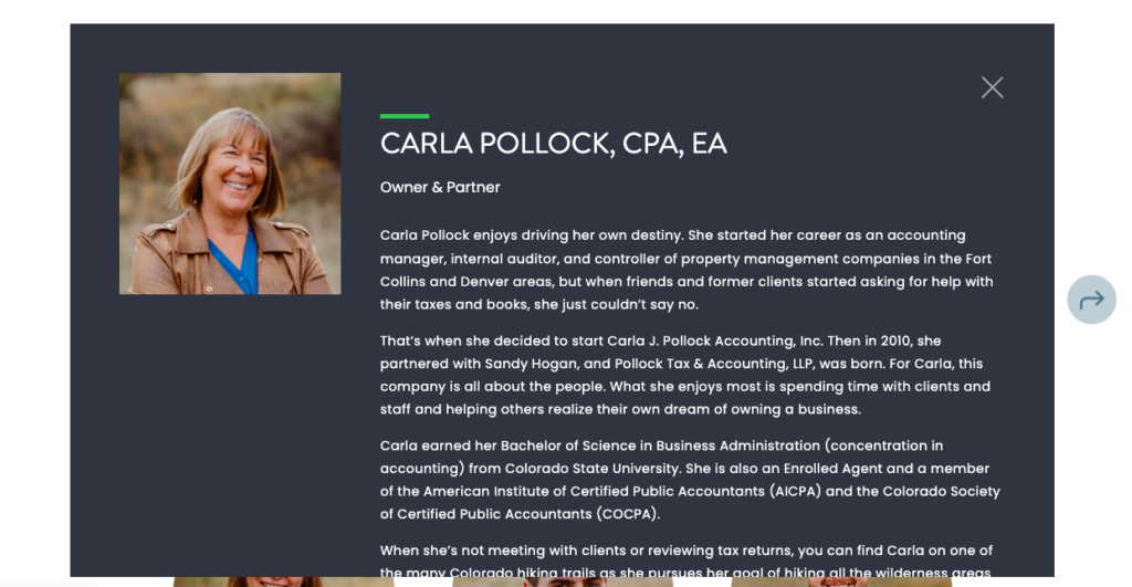 Team bio page pop-up feature on Pollock's Team page, featuring the bio for Carla Pollock.