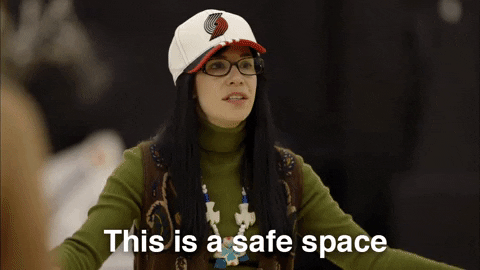 Gif from Portlandia with the words overlaid "This is a safe place."