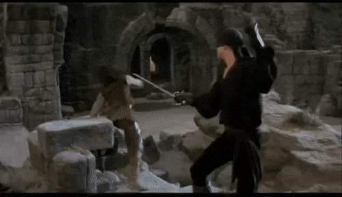 Gif of Inigo Montoya and Wesley from Princess Bride engaged in a duel with swords