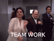 Gif of Elaine, George and Jerry from Seinfeld dancing in sync with the words "team work" overlaid