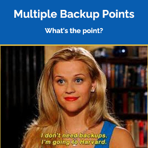 The blog post title says "Multiple Backup Points: What's the point?" Below is Elle Woods from Legally Blonde saying, "I don't need backups. I'm going to Harvard."