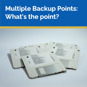The blog post title says "Multiple Backup Points: What's the point?" Below is a stack of off-white Mac diskettes on a white table.