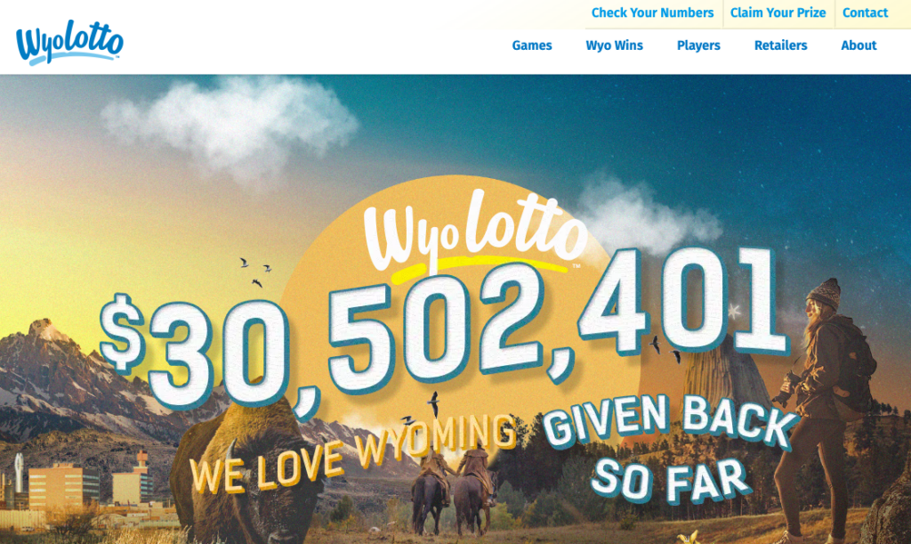 Screenshot of WyoLotto's homepage header graphic featuring modern cowboys and a backpacker looking out towards Wyoming's vistas. The text reads: "We love Wyoming" and includes the amount of money given back so far.