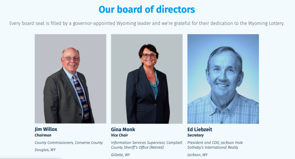 Screenshot from WyoLotto's board of directors page. There are three headshots, and the third one has turned shades of blue to indicate that's what the site user is hovering over.