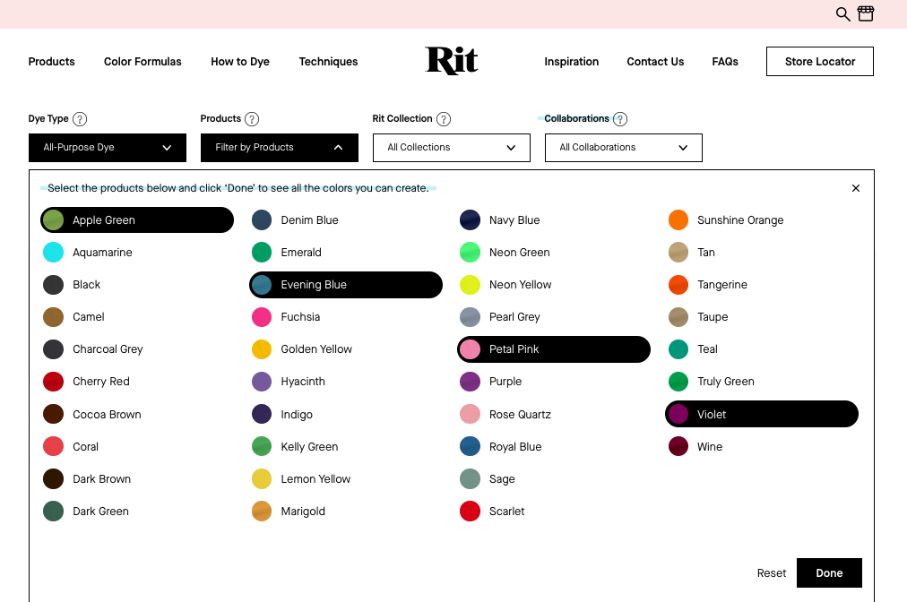 Selecting four different colors to mix using Rit Dye's color filter