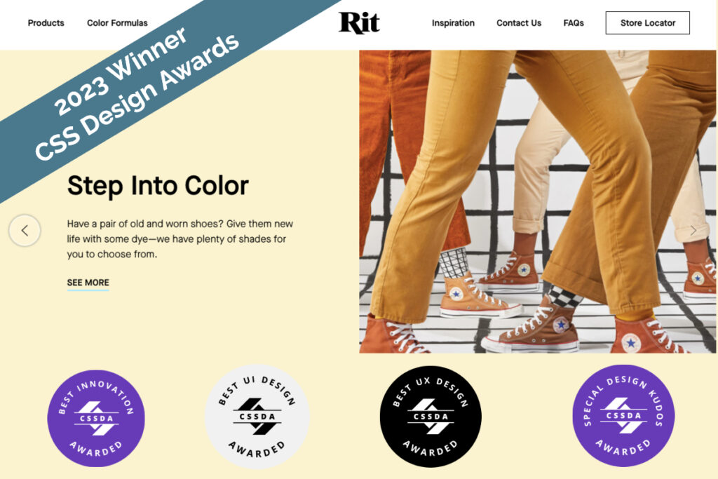 Homepage for Rit's color formula page with the text: 2023 Winner CSS Design Awards and featuring four CSS Design Awards badges