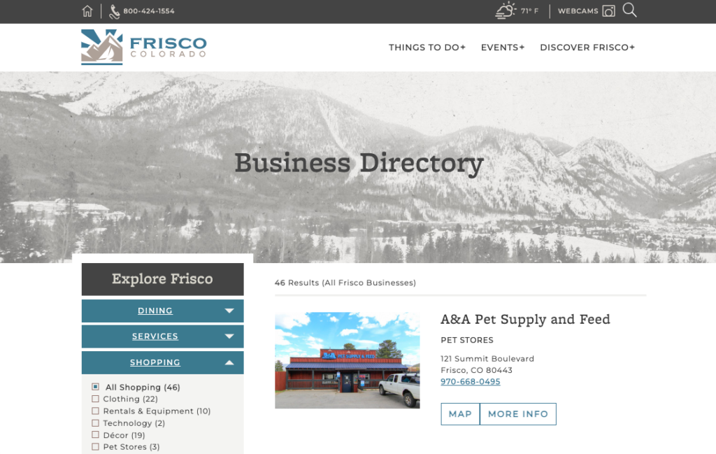 Homepage header for Town of Frisco Business Directory website