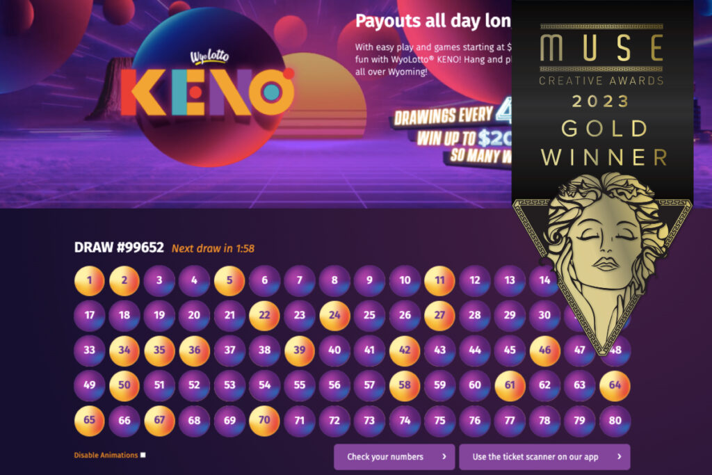 Tron-inspired webpage graphics of the WyoLotto KENO game. The Muse Award icon is overlaid on top.