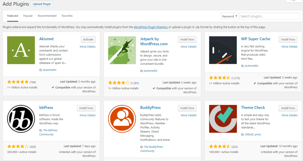 Screenshot from the WordPress featured plugins page
