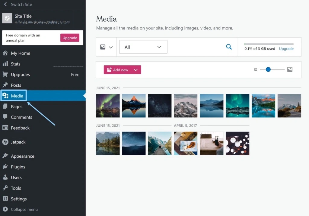 Example view of the WordPress Media Library