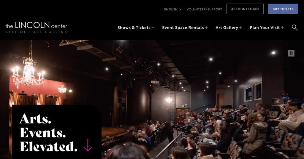 Homepage for the new Lincoln Center website, featuring people sitting in theater seats waiting for a performance
