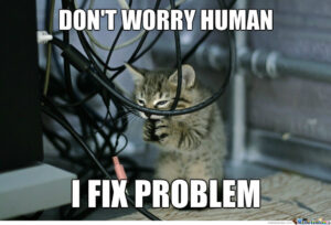 A gray tabby kitten is sitting in a pile of cables and chewing on one of them. The text reads: Don't worry, human. I fix problem.
