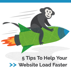 CodeGeek's mascot monkey Randall is sitting atop a rocket and moving at top speed. Text reads: 5 Tips To Help Your Website Load Faster