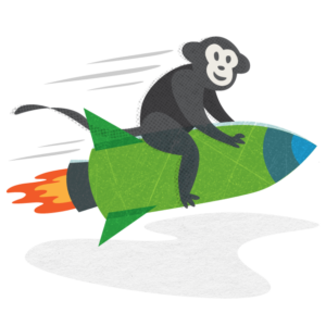 CodeGeek's mascot monkey Randall is sitting atop a rocket and moving at top speed.