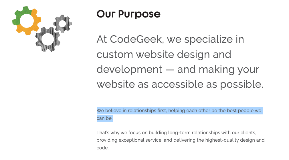 Screenshot from CodeGeek's homepage, featuring their Purpose. Highlighted text reads: We believe in relationships first, helping each other be the best people we can be.