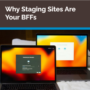 Two laptops sitting next to each other on a flat, white surface. The images on the screen are almost identical. Text reads: Why staging sites are your BFFs