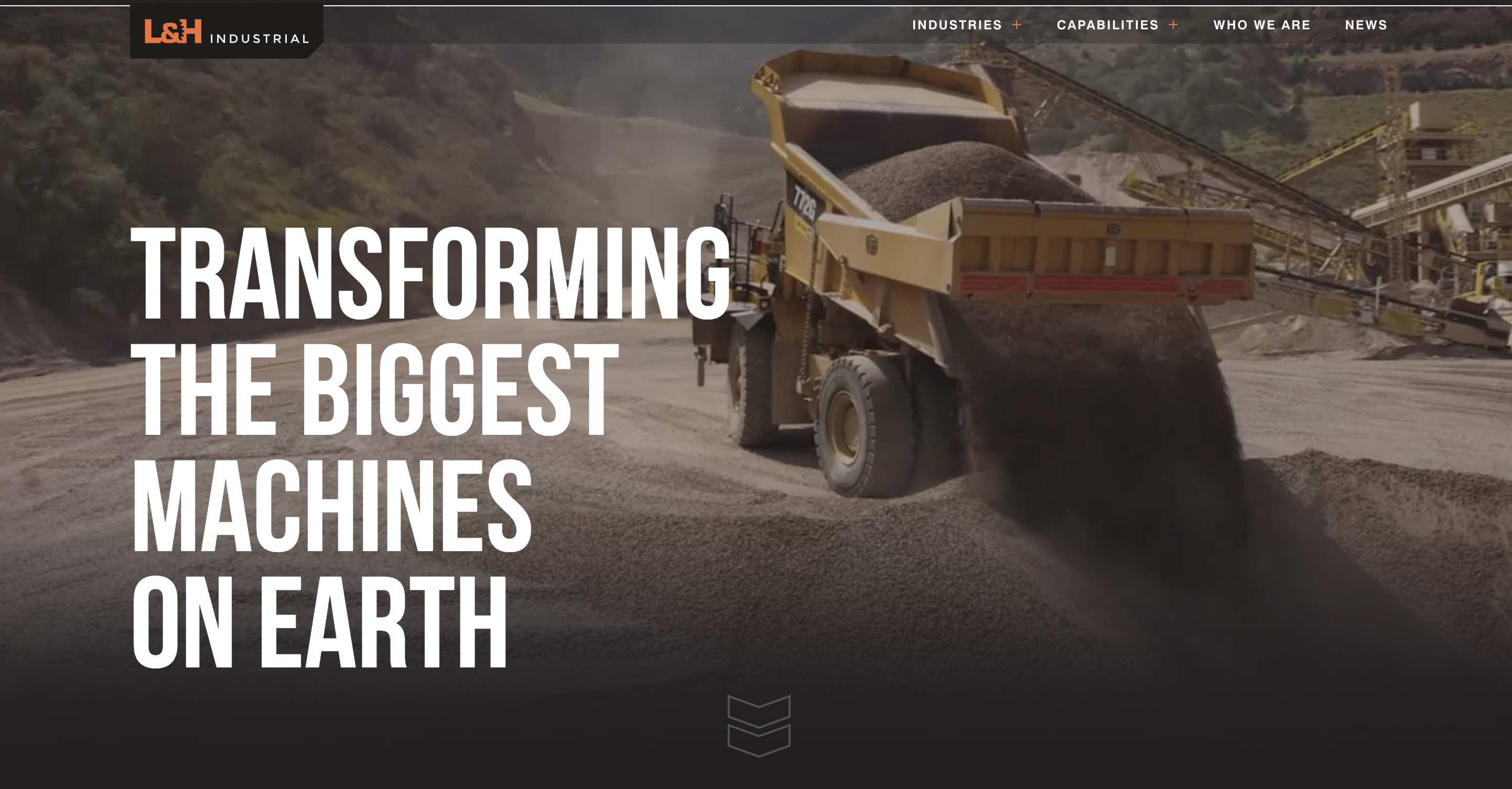 Homepage for L&H Industrial, featuring a very large dump truck dumping dirt onto a pile of dirt.