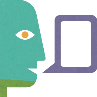 Simple illustration of a face in profile with a talk bubble coming out of the open mouth.