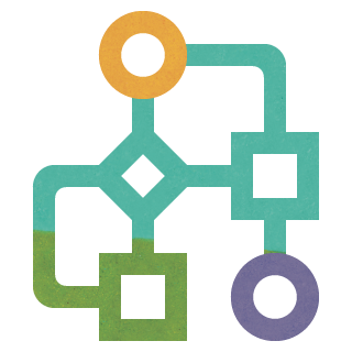 Simple illustration of a flowchart style diagram made up of circles, squares, and diamonds connected by lines.