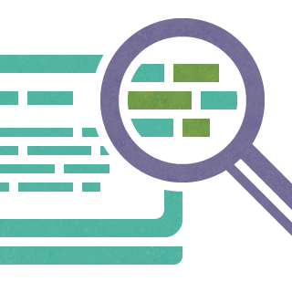 Simple illustration of a laptop computer screen with a magnifying glass over the screen that is enlarging a few abstracted words.