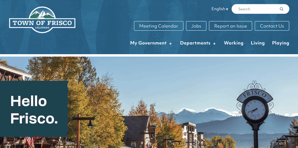 Homepage for the Town of Frisco website, featuring a beautiful, fall cityscape with mountain views.