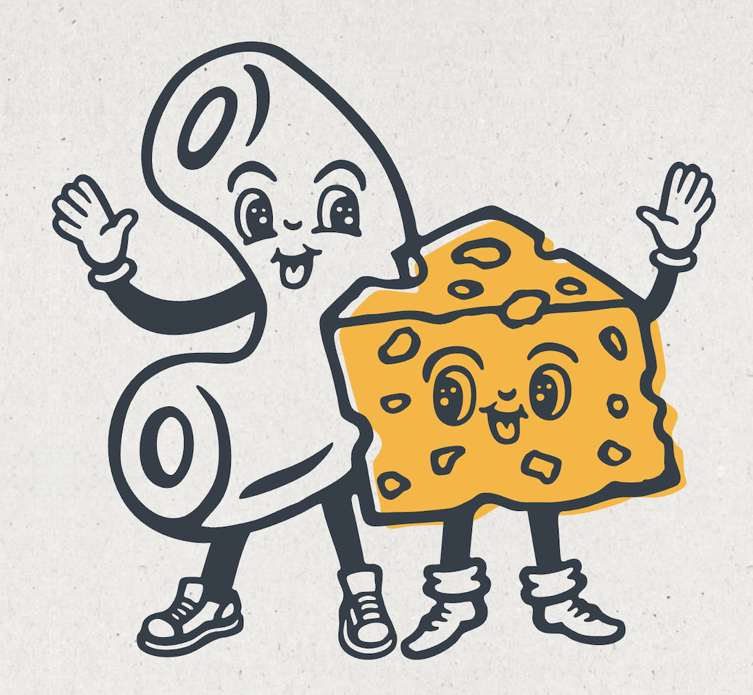 Illustration showing two cartoon characters smiling and waving: A macaroni noodle and a triangular wedge of cheese.