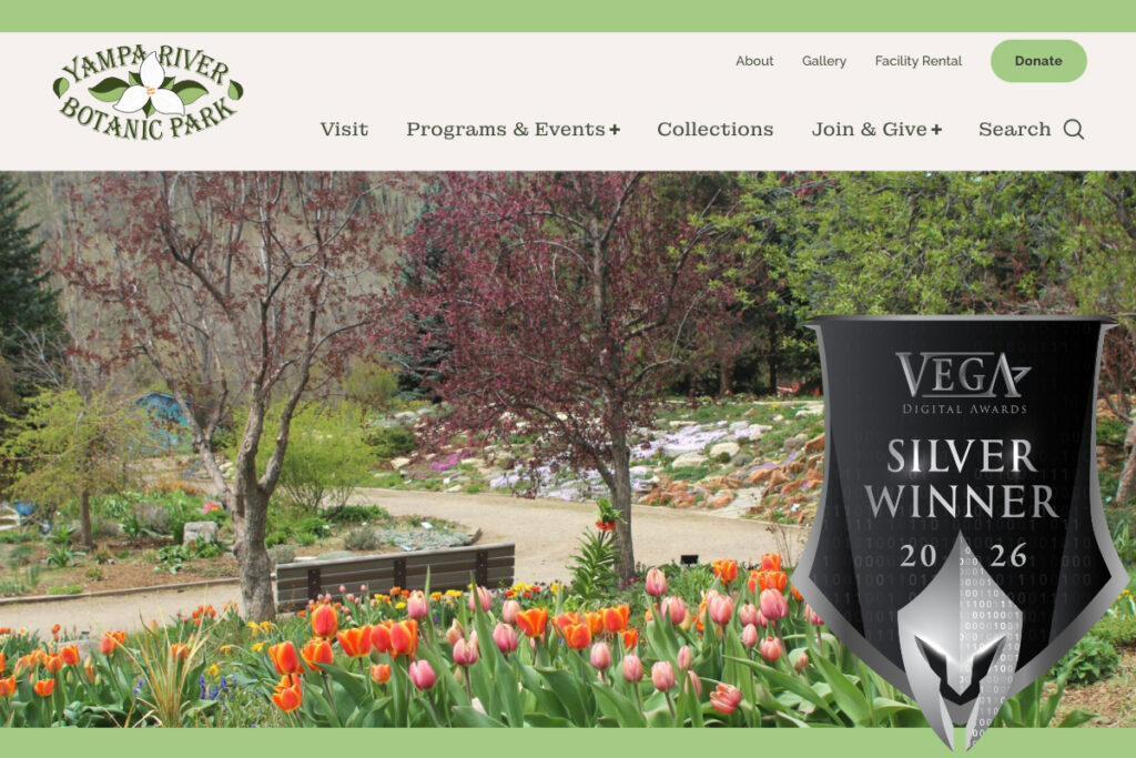 Homepage for Yampa River Botanic Park, featuring a gorgeous array of colors from the cultivated gardens. Overlaid on top of the image is the logo for the 2026 Silver Award Winner for the Vega Awards.