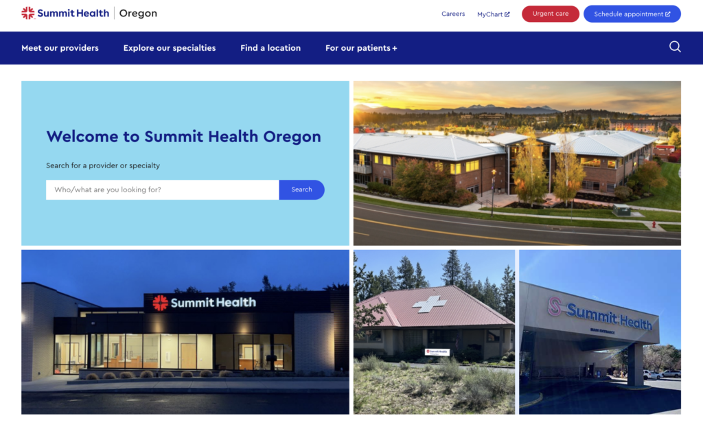 Homepage for the Summit Health Oregon website, featuring colorful, hi-res images of the clinic's building.