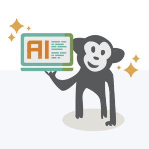 CodeGeek's monkey mascot Randall is holding a laptop computer that has the letters AI on the screen.