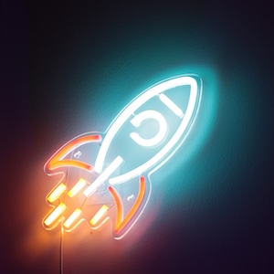 Neon lamp in the shape of a rocket ship glows brightly from its spot on a dark wall