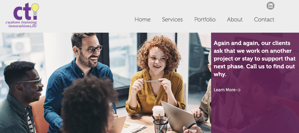 Homepage for Custom Training Innovations, featuring a group of five people happily discussing a topic around a table.