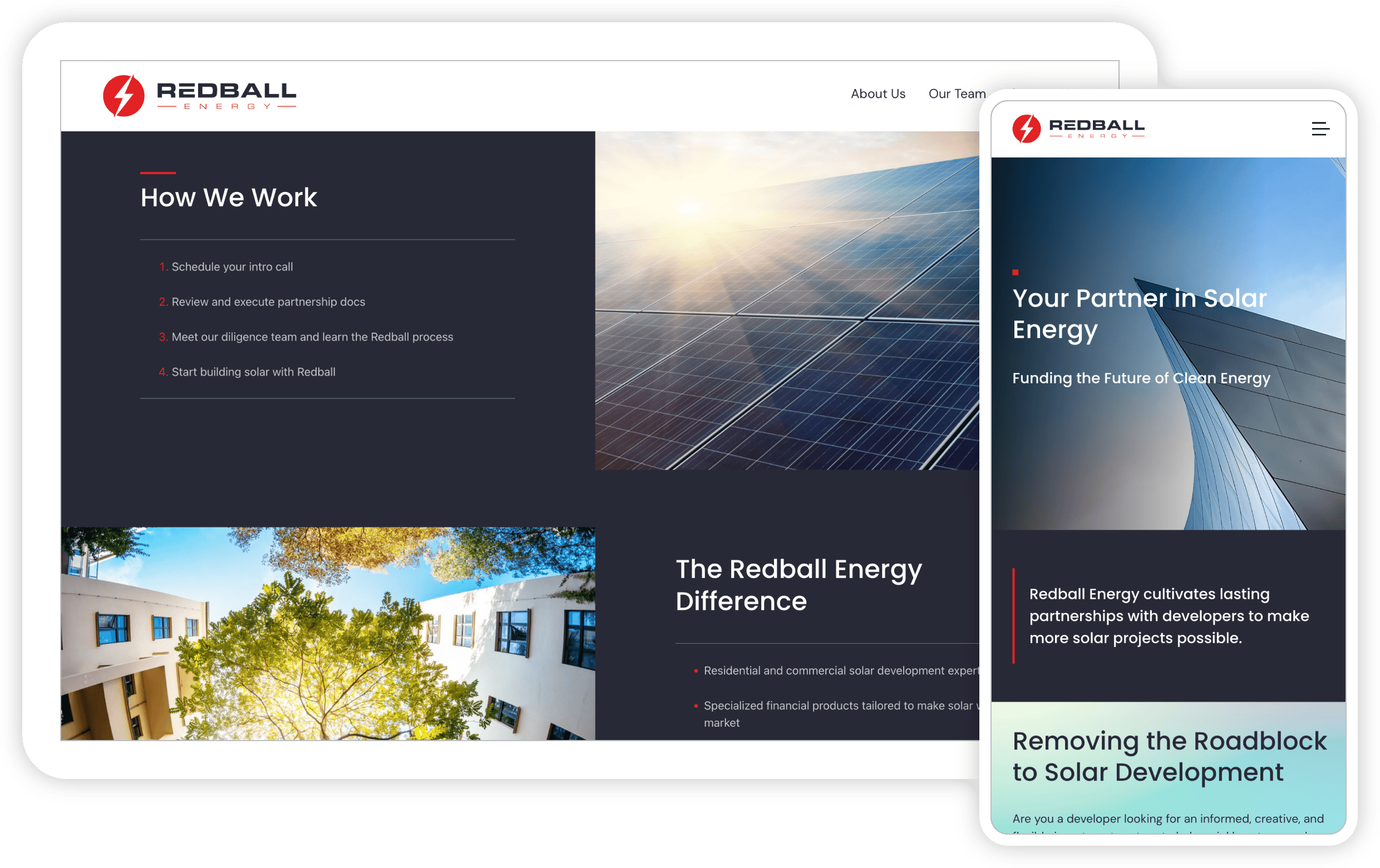 A collage of screenshots from the Redball Energy website. Desktop and tablet views of the homepage.