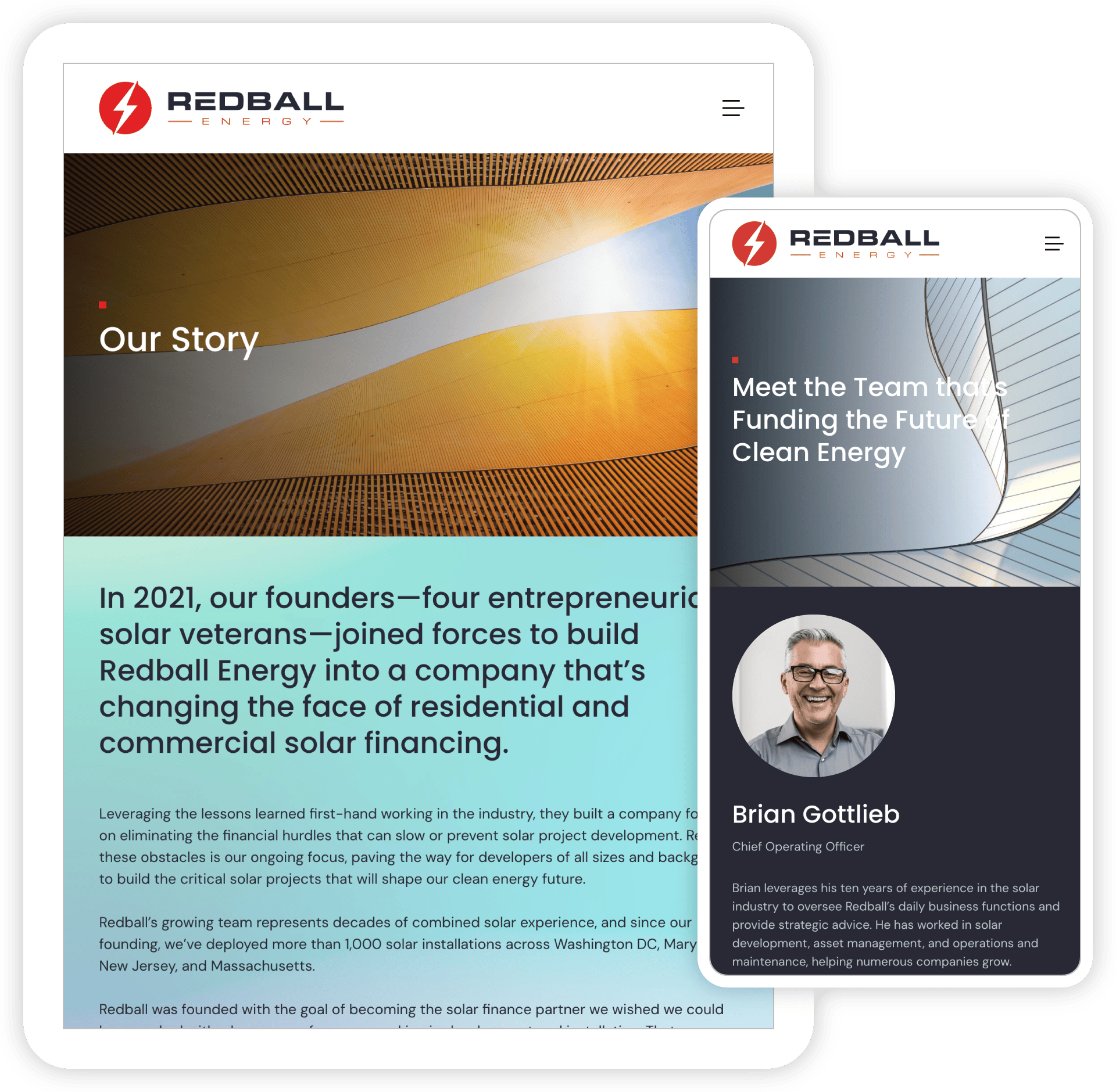 A collage of screenshots from the Redball Energy website. A tablet view of the Our Story page and a mobile view of the Team page.