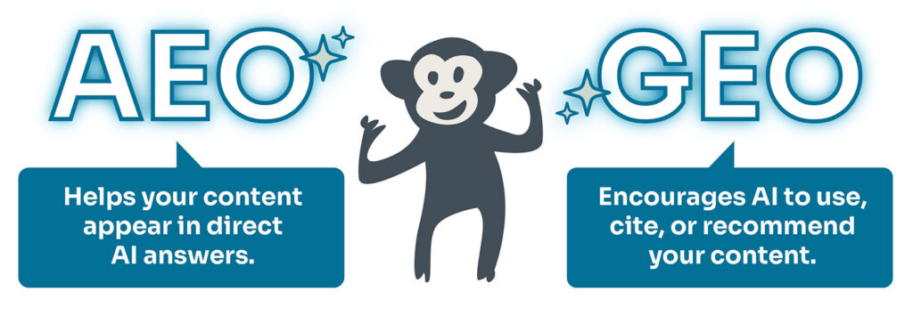 Illustrated monkey standing between "AEO" and "GEO" with short definitions of each.